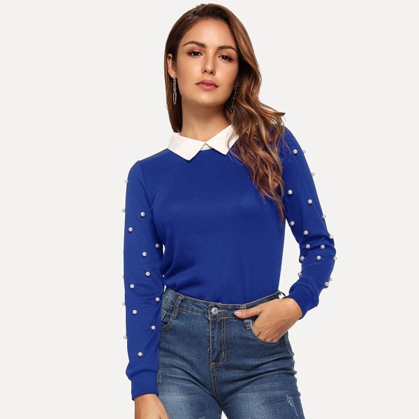 

Contrast Collar Pearl Beaded Fitted Tee