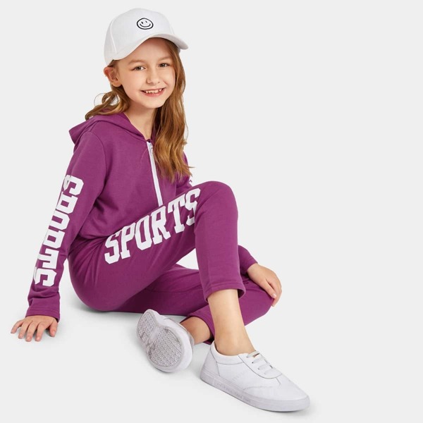 

Girls Zip Up Letter Hoodie & Pants Set