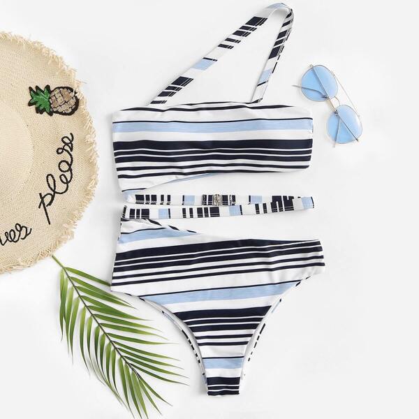 

Striped One Shoulder Top With High Waist Bikini