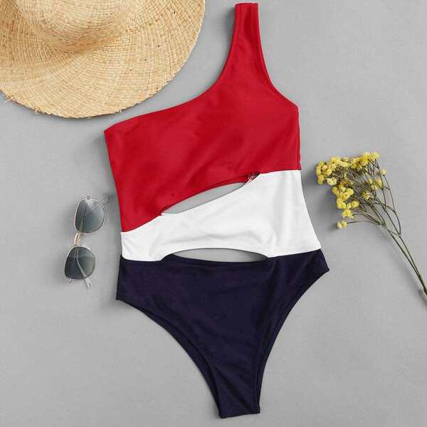 

Colorblock Cut-out One Shoulder One Piece Swim