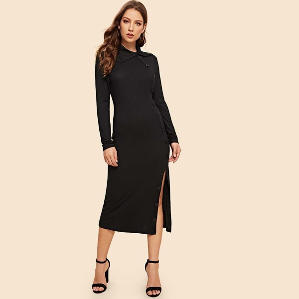 

Buttoned Front Rib-knit Collared Dress