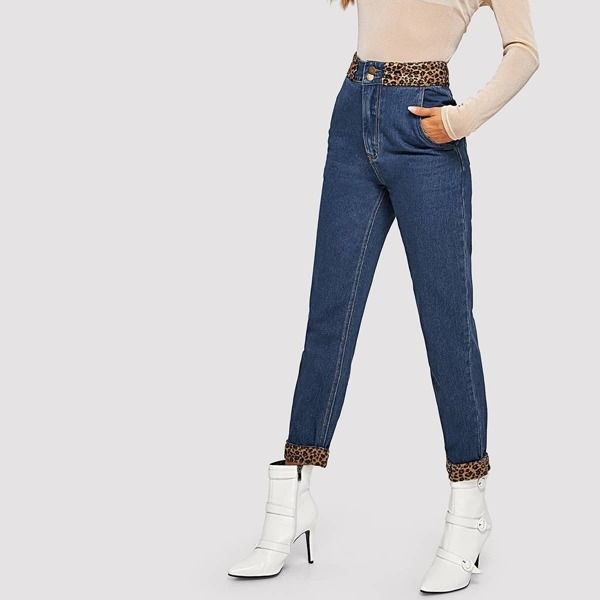 

Contrast Stitch Slant Pocket Leopard Panel Jeans