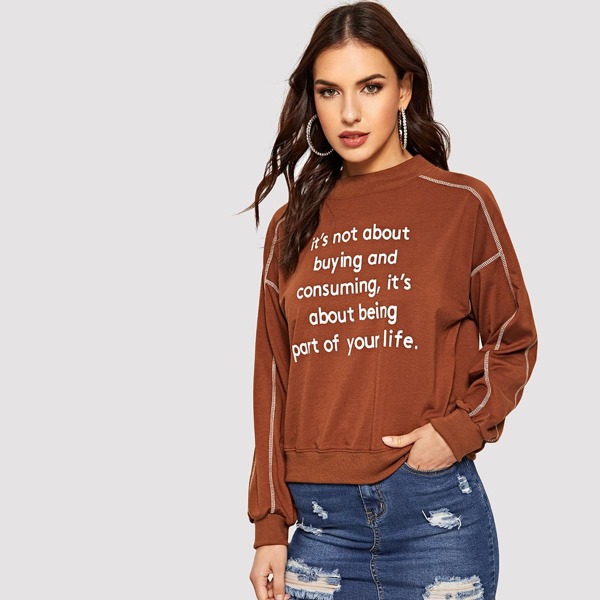 Letter Print Contrast Stitch Pullover