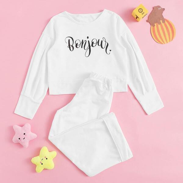 

Girls Letter Print Tee & Elastic Waist Pants Set