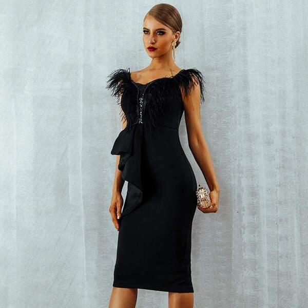 

Adyce Ruffle & Fringe Embellished Form Fitting Dress