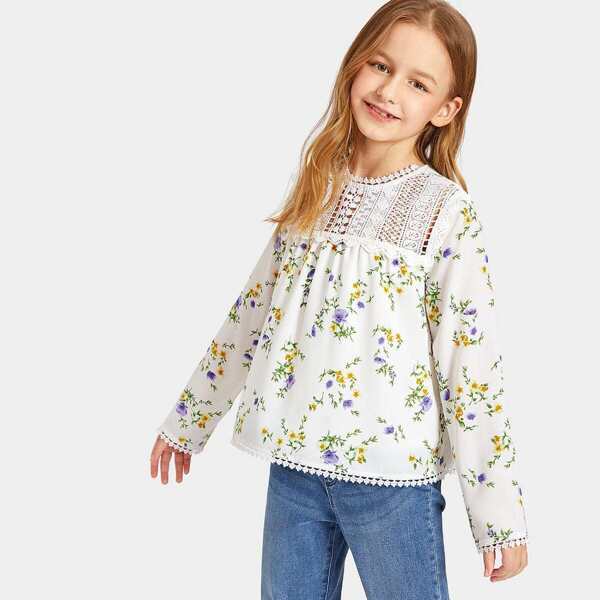 

Girls Lace Insert Flower Print Top, Multicolor