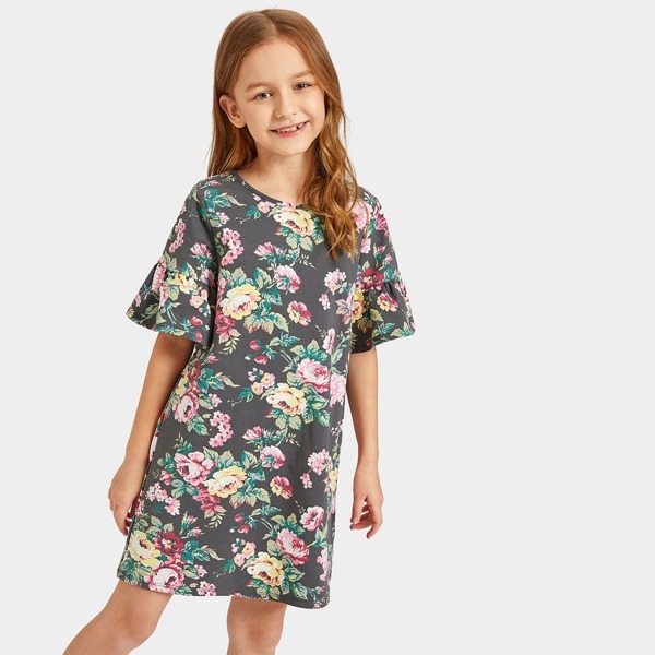 

Girls Flounce Sleeve Botanical Print Dress
