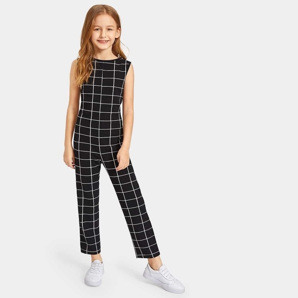 

Girls Zip Back Grid Sleeveless Jumpsuit