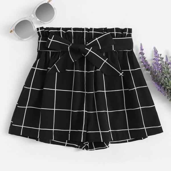

Girls Paper-bag Waist Grid Shorts