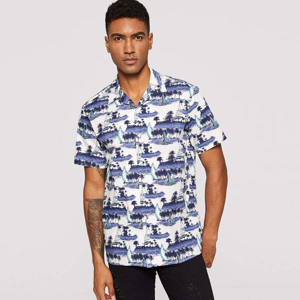 

Men Coconut Tree & Boat Print Shirt