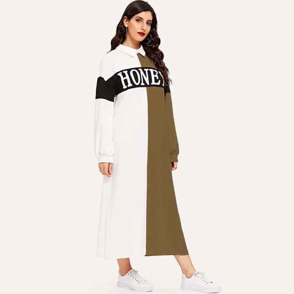 

Letter Print Keyhole Back Colorblock Hijab Dress