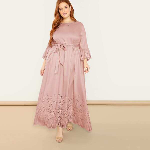 

Plus Scallop Edge Laser Cut Self Belted Dress, Pink