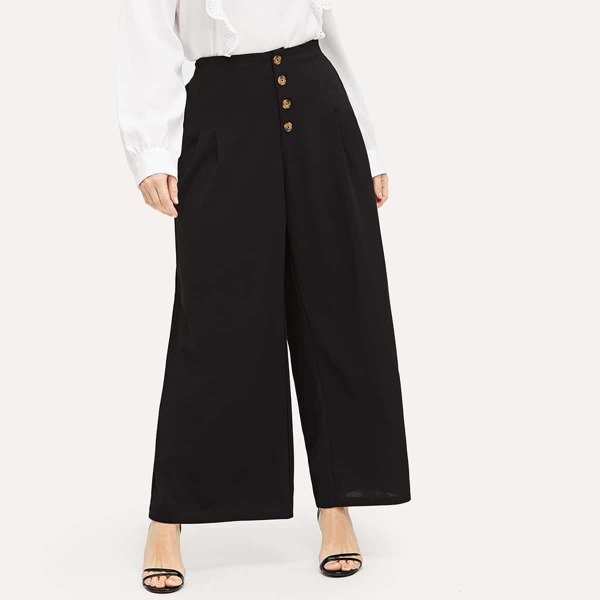 

Plus Buttoned Front Pleated Detail Wide Leg Pants, Black