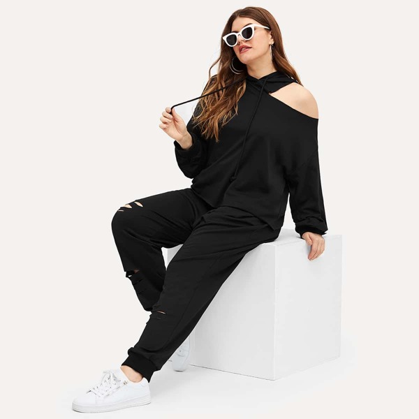 

Plus Cut Out Shoulder Hoodie and Ripped Pants Set