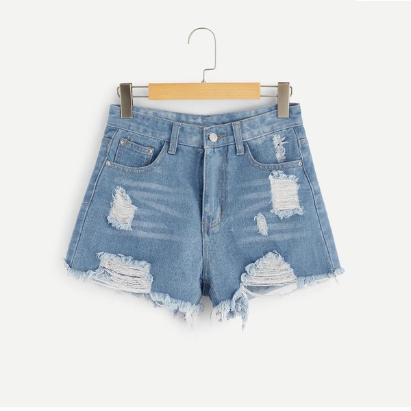 

Ripped Raw Hem Denim Shorts, Blue