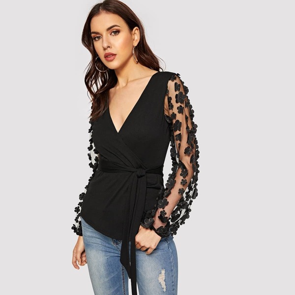 

Floral Applique Mesh Sleeve Self Tie Wrap Blouse