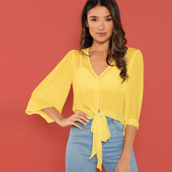 

Bell Sleeve Semi Sheer Knot Top Without Bra