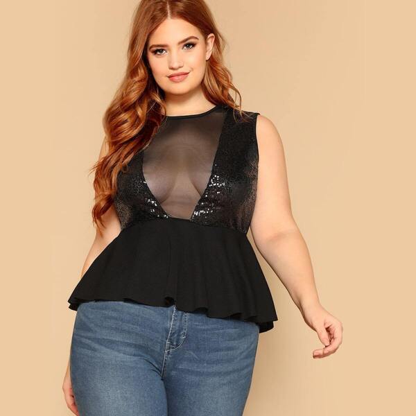 

Plus Mesh Insert Contrast Mesh Peplum Top