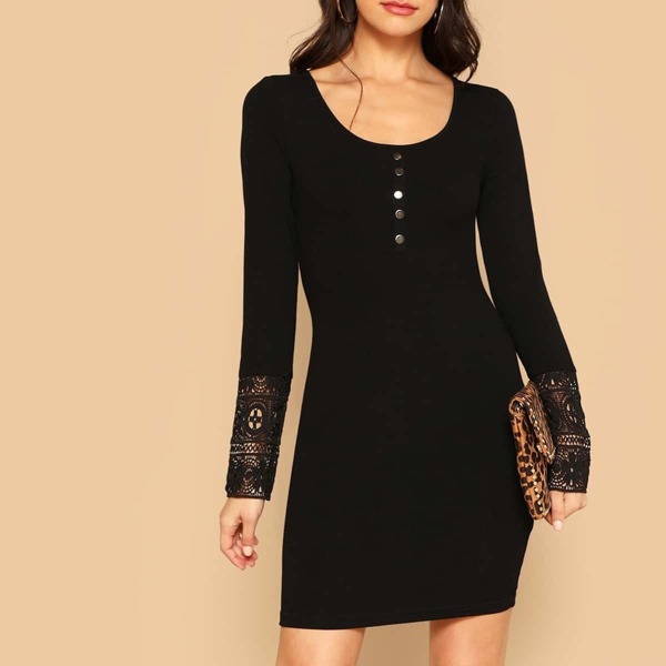 

Button Front Lace Cuff Pencil Dress