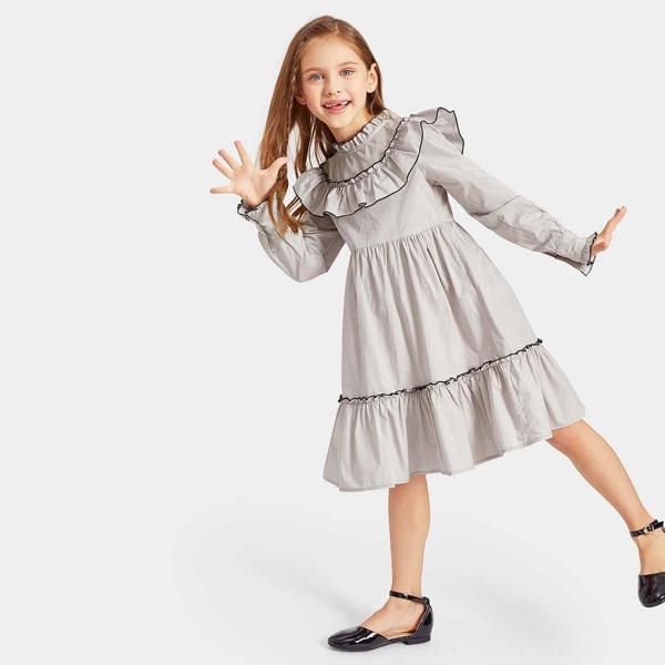 

Girls Contrast Stitching Trim Layered Ruffle Dress