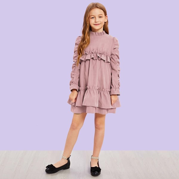 

Girls Frilled Trim Crinkle Panel Layered Hem Dress, Purple