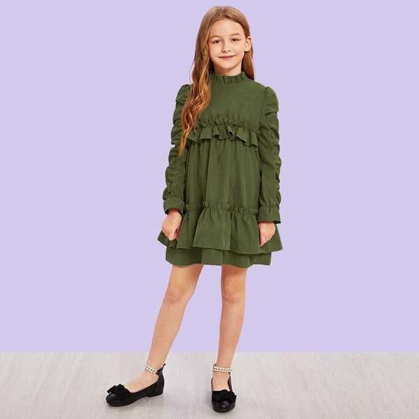 

Girls Ruffle Trim Buttoned Back Layered Dress