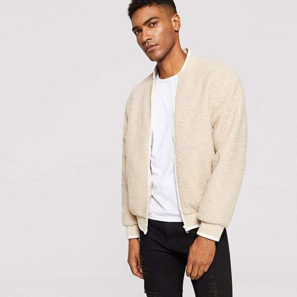 

Men Zip Up Pocket Teddy Jacket, Beige