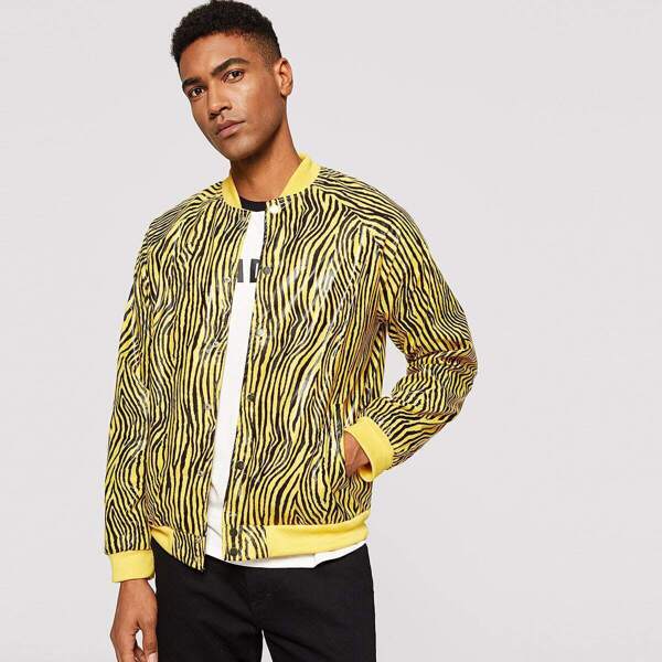 

Men Raglan Sleeve Zebra Pattern Bomber Jacket, Yellow