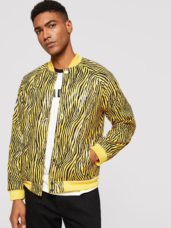 

Men Raglan Sleeve Zebra Pattern Bomber Jacket, Yellow, Johnn Silva