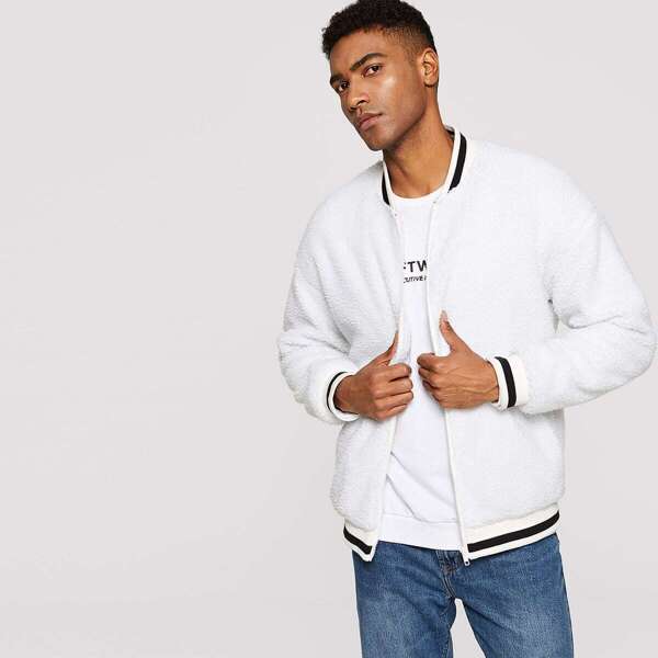 

Men Zip Up Teddy Bomber Jacket, White