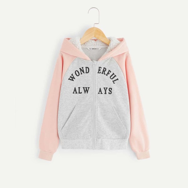 

Girls Zip Up Hooded Letter Print Sweatshirt