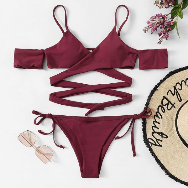 

Criss Cross Short Sleeve Top With Tie Side Bikini, Burgundy