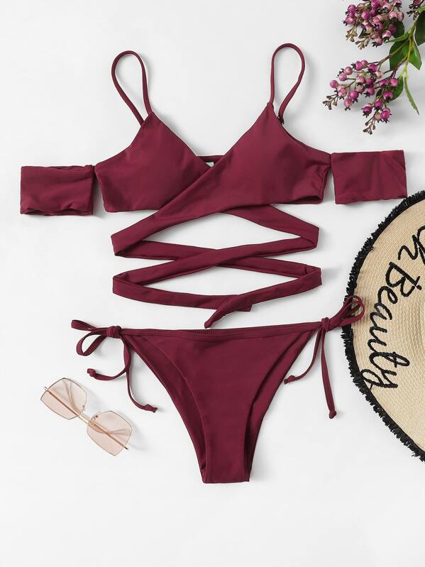 

Criss Cross Short Sleeve Top With Tie Side Bikini, Burgundy