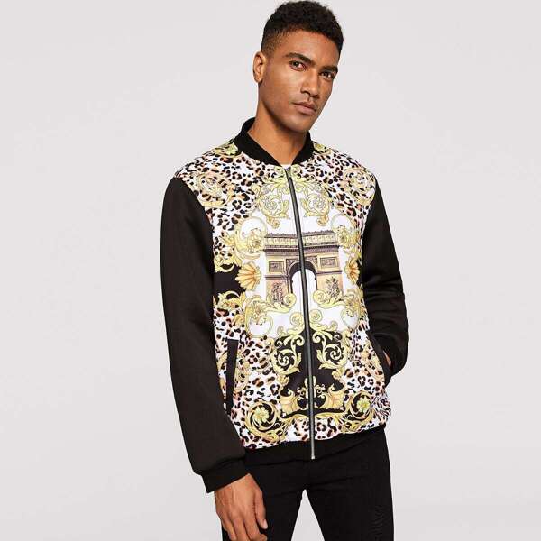 

Men Solid Sleeve Mixed Print Bomber Jacket, Multicolor