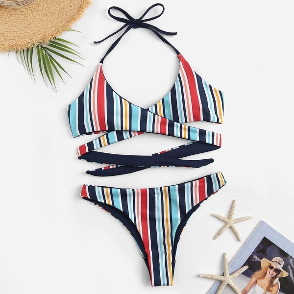 

Striped Wrap Halter Bikini Set, Multicolor