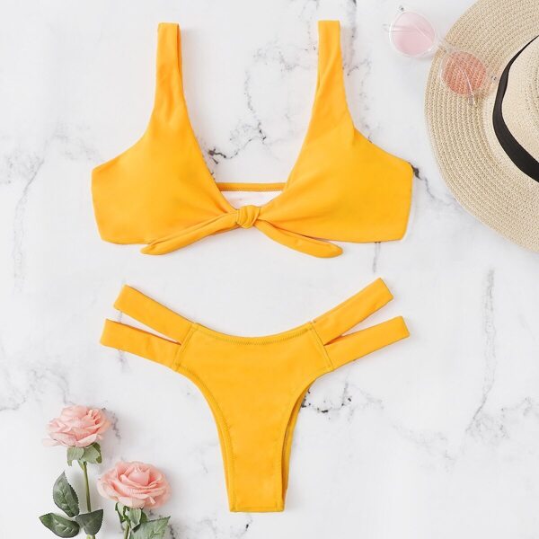 

Solid Knot Top With Cut Side Bikini Set