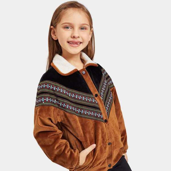 

Girls Embroidered Tape Detail Fleece Lined Suede Jacket, Brown