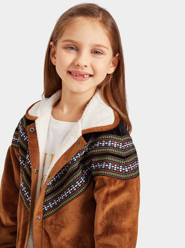 

Girls Embroidered Tape Detail Fleece Lined Suede Jacket, Brown