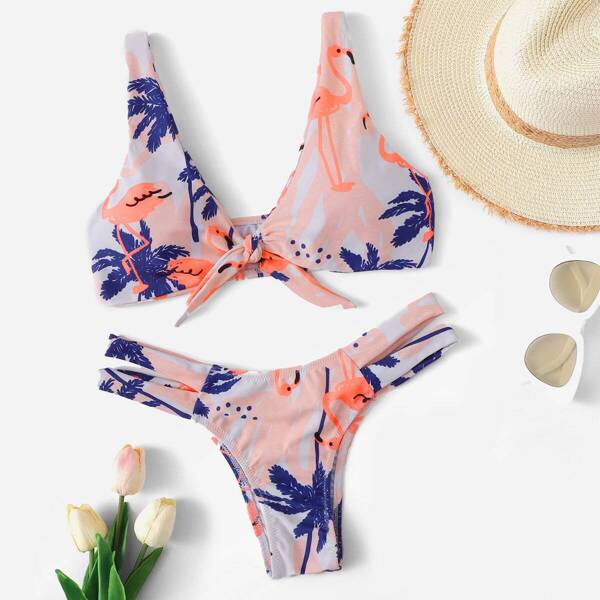 

Random Flamingo Print Knot Top With Cut Side Bikini Set