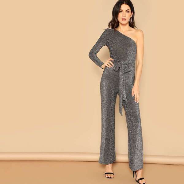 

One Shoulder Wide Leg Belted Glitter Jumpsuit