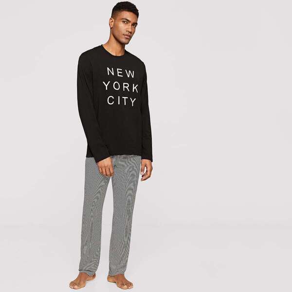 

Men Letter Print Tee & Striped Pants PJ Set