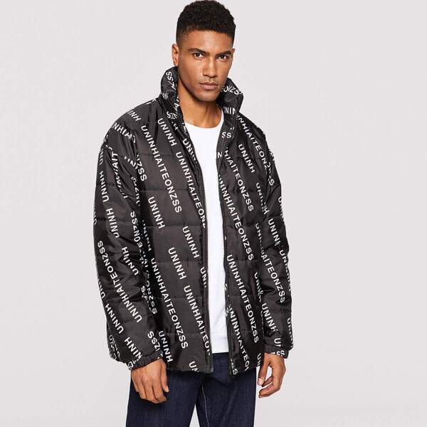 

Men Letter Print Zip Up Puffer Coat