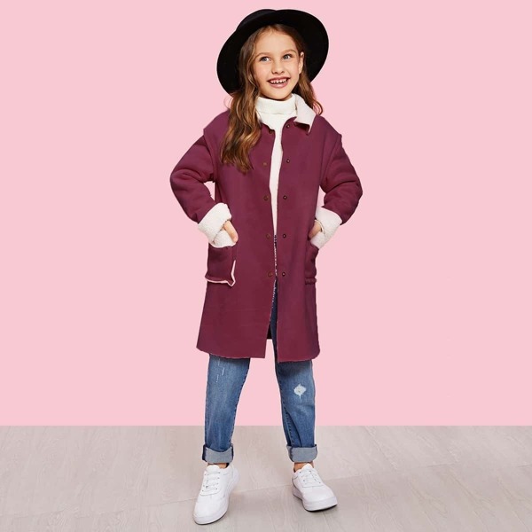 

Girls Pocket Front Buttoned Faux Shearling Coat