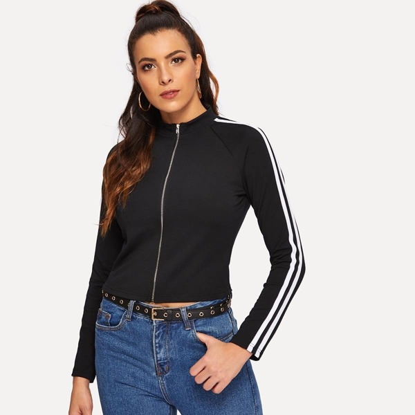 

Mock Neck Striped Raglan Sleeve Zip Up Sweatshirt