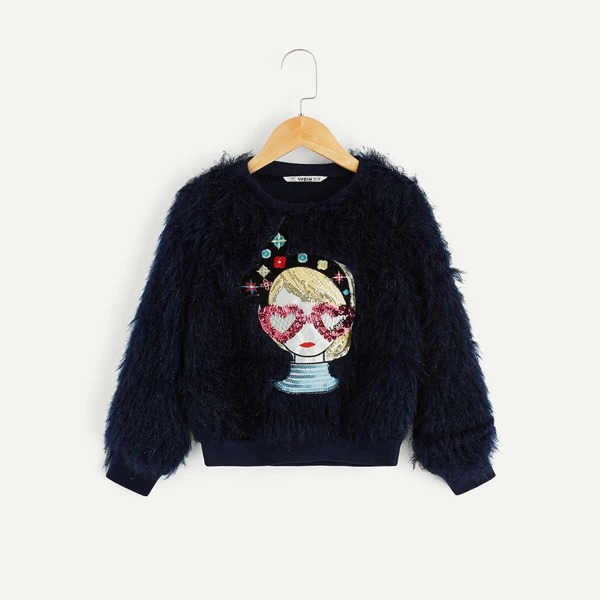 

Girls Figure Sequins Contrast Faux Fur Pullover