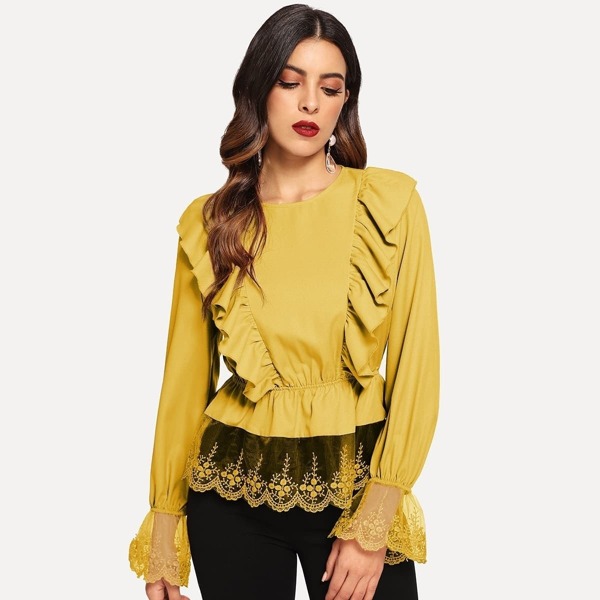 

Mesh Lace Panel Ruffle Peplum Top, Gold