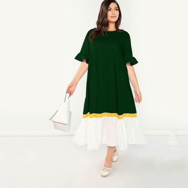 

Plus Ruffle Cuff and Hem Colorblock Dress, Green