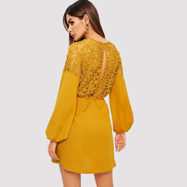 

Guipure Lace Slit Back Self Tie Dress