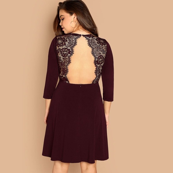 

Plus Zip Back Contrast Lace Fit & Flare Dress