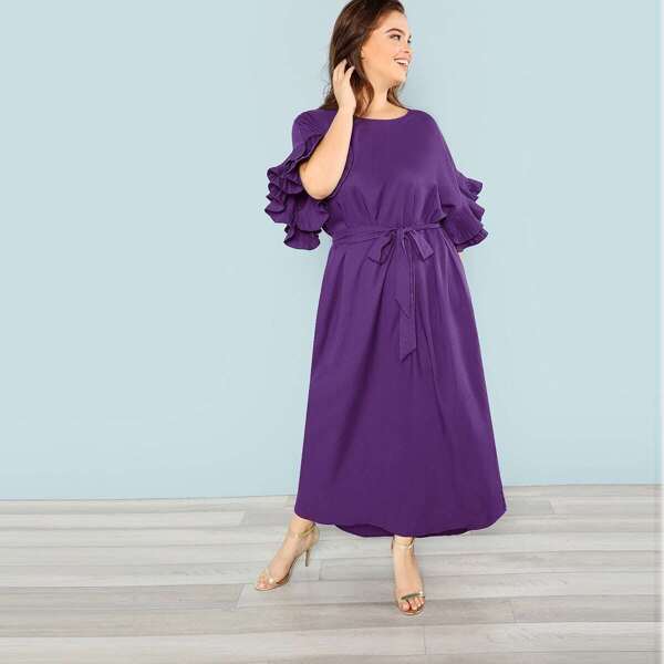

Plus Layered Exaggerate Ruffle Cuff Self Belted Dress, Purple